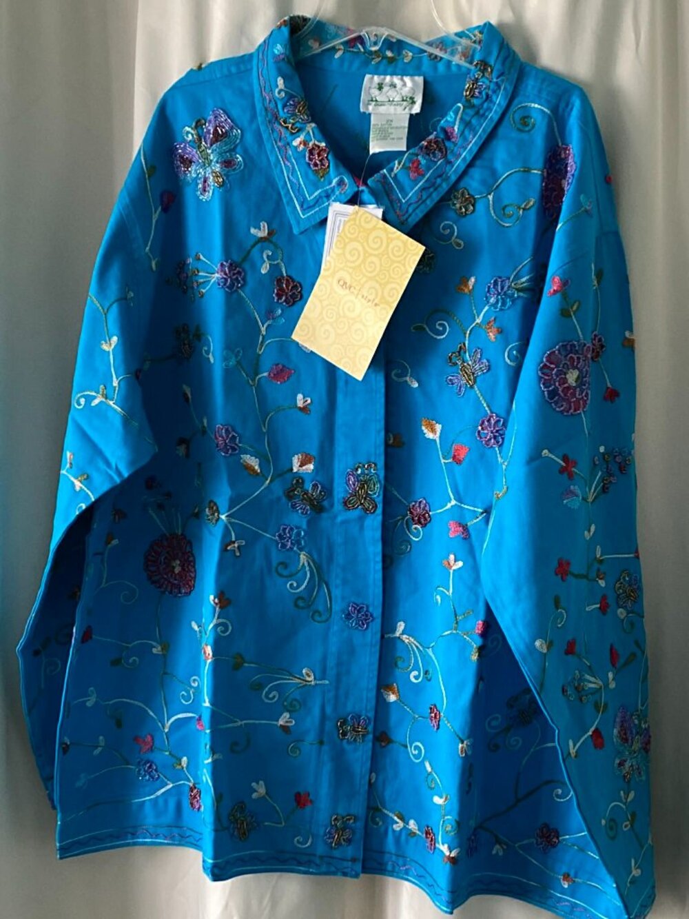 Quacker Factory 2X Embroidered Teal Jacket Floral Butterfly Beaded NWT